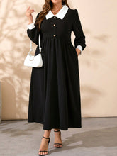 Plus Size Contrast Collared Neck Long Sleeve Midi Dress Black OutfitFlow